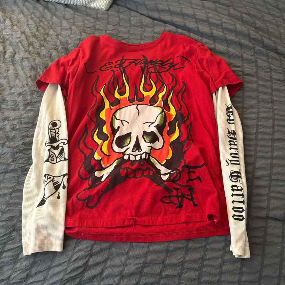Ed Hardy Red Long Sleeve Tee with Skull Design
